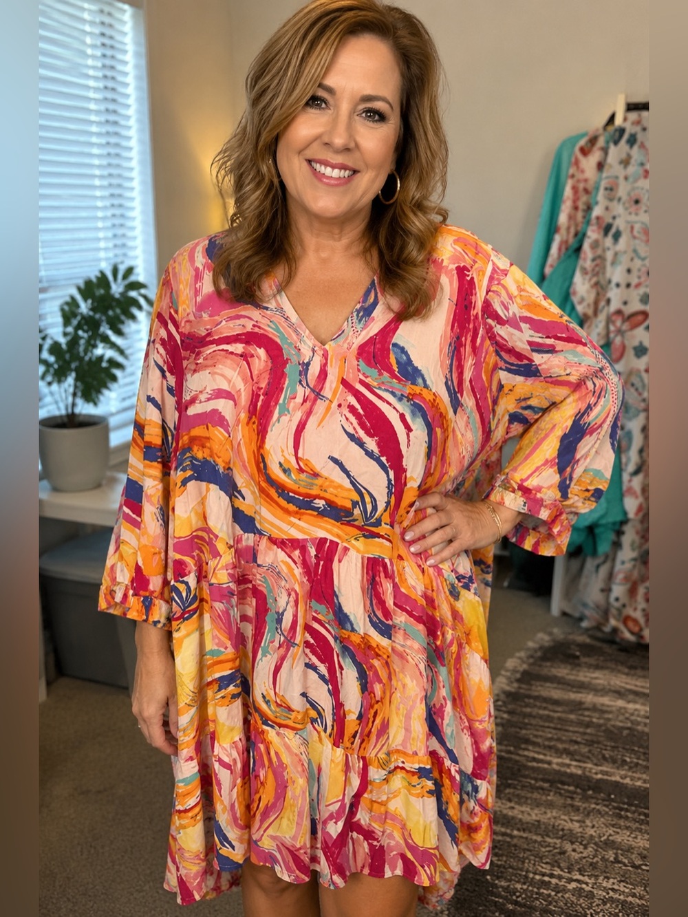 loralette Multicolor Swirl Print Tunic - Pink, Yellow & Blue Accents